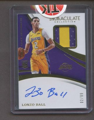 2017 - 18 Immaculate Lonzo Ball Rpa Rc Rookie Patch Auto 2/99 Los Angeles Lakers