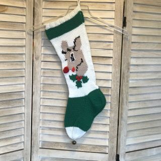 Hand Knit Christmas Stocking Rudolph Reindeer Pom Pom Nose 22” Vintage 70’s