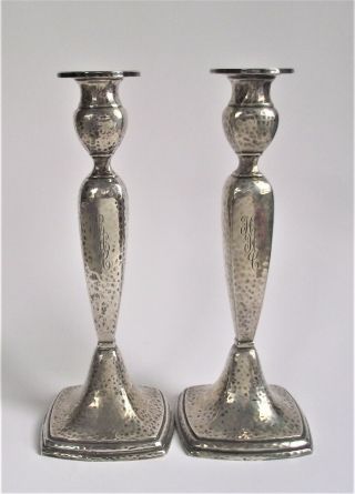 Pair Antique La Pierre 9 " Tall Sterling Silver Hand Hammered Candlestick Holder
