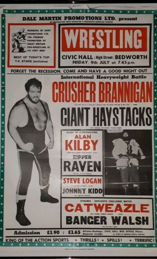 Vintage Wrestling Poster.  Crusher Brannigan,  Ripper Raven,  Catweazle & Others