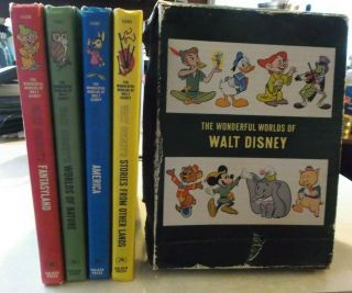 Vtg The Wonderful Worlds Of Walt Disney 4 Box Set Golden Books Stories Fantasy