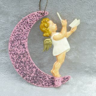 Vintage Hard Plastic Angel On Pink Moon Christmas Ornament Mica Glitter Germany