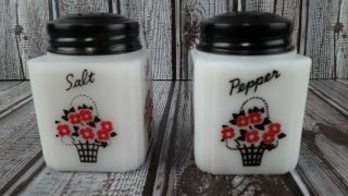 Vintage Large Milk Glass Salt And Pepper Shakers With Flower Basket By Tipp Usa