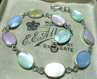 Vintage Style Sterling Silver Rainbow Mother Of Pearl Panel Link 7.  75 " Bracelet