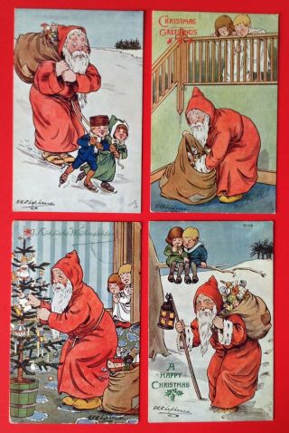 Vintage Tuck Santa Postcards (4) Signed Shepheard - Red Robed,  Comical Santas