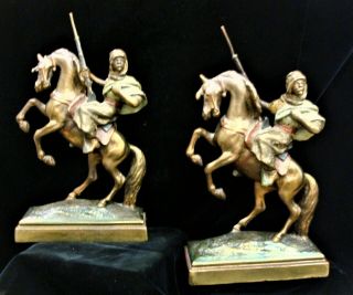 Pair Paul Herzel Antique Bedouins On Horseback Orientalist Bronze Clad Bookends