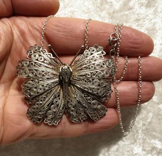 Vintage 925 Solid Sterling Silver Large Filigree Butterfly Pendant Necklace