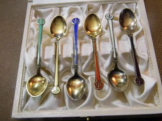 David Andersen Norway Sterling Silver,  Gold Wash & Guilloche Enamel Tea Spoons
