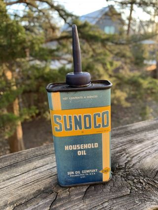 Vintage Sunoco Household Oil Handy Oiler 4 Oz Metal Oil Can Gas Sign