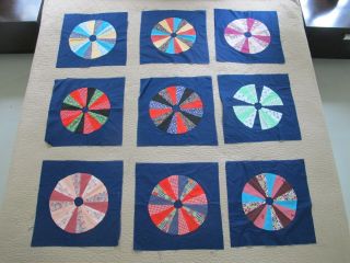 9 Vintage Buggy Wheel Applique Quilt Blocks; All Cotton,  Hand Sewn; 13 1/2 " Sq