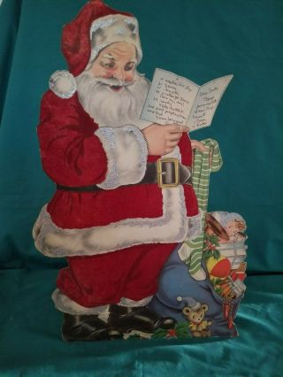 Vintage Red Velvet Stand - Up Cardboard Christmas Santa Claus Toy List Decoration