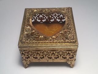 Vintage Brass Ormolu Filigree Footed Jewelry Trinket Box Casket Heart 