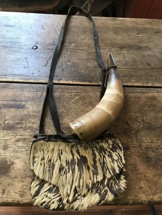 Early Antique 19th C Frontier Leather Hide Shot Hunting Bag Powder Horn Aafa