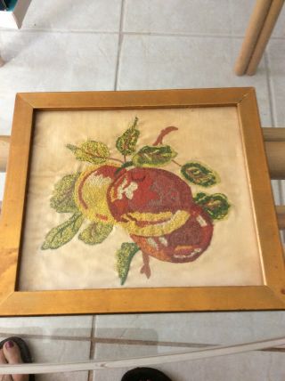 2 Vtg Finished Framed Crewel Needlework Embroidery Flowers And Fruit Art.  Decor