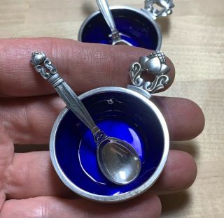 Sterling Silver Salt Cellar Georg Jensen Denmark Acorn Blue Enamel Bowls Spoons