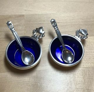 sterling silver salt cellar Georg Jensen Denmark Acorn Blue Enamel Bowls Spoons 2