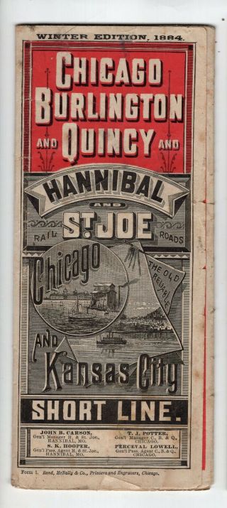 1884 Chicago,  Burlington & Quincy Railroad Time Table & Color Map