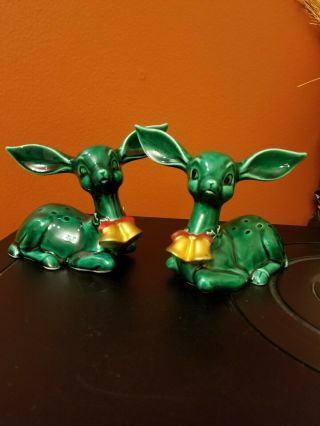 Vintage Pair Lefton Green Ceramic Christmas Deer Reindeer With Bells