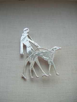 Vintage Butler And Wilson Art Deco Style Lady Walking With Dog Brooch Pin