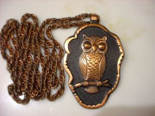 Vintage Bell Trading Solid Copper Owl Pendant Necklace W 30 " Rope Chain