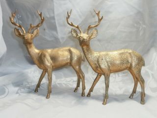 Set Of 2 Vintage 7.  5 " Hard Plastic Deer Bucks Figurines Gold W/glitter Hong Kong