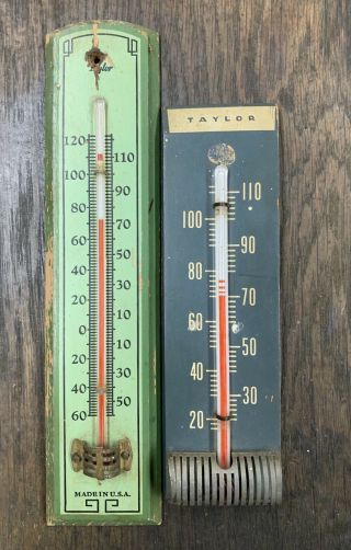 Vintage Wood Taylor Thermometers / Green Chippy Paint And Gray