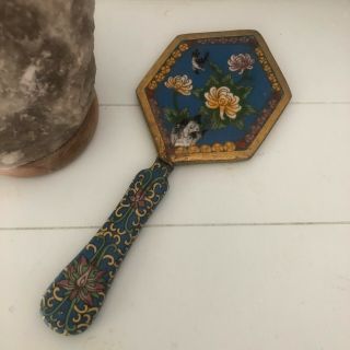 Unique Vintage Blue Gold Trim Floral Bird Design Hand Held Mirror