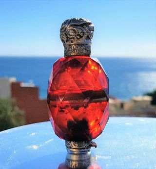 Stunning Victorian Solid Silver Double Ended Ruby Barrel Cut Glass Scent Bottle
