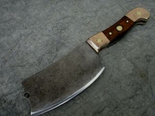 Vintage Carbon Steel Cleaver Butcher Knife Chopper Tool Chef Handle Wood & Brass