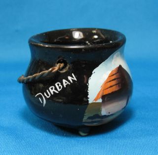 Vintage Durban South Africa Hut Scene Painted On Black Ceramic Caldron Souvenir