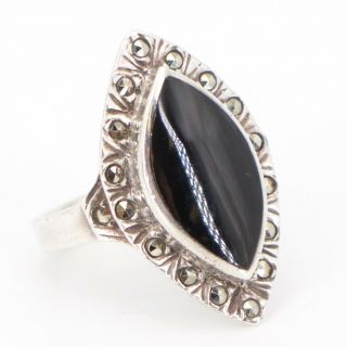 Vtg Sterling Silver - Art Deco Onyx & Marcasite Ring Size 5.  75 - 5g