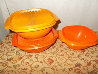 Tupperware,  Vintage Set Of 3 Servalier Bowls With Lids,  Orange