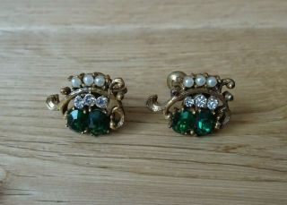 Vintage Earrings Signed Coro Screw Back Green Clear Rhinestones Pearls Jewellery