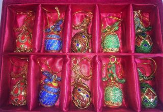 Vintage Cloisonne Egg Christmas Ornaments Set Of 10 With Case