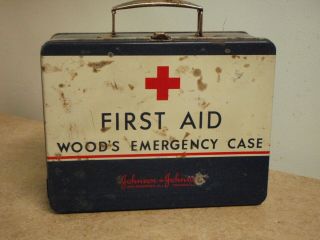 Vintage First Aid Wood ' s Emergency Case FULL Johnson & Johnson Metal 2