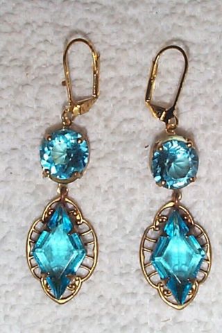 Vintage Aqua Faceted Glass Jewels & Filigree Brass Drop Earrings Blue