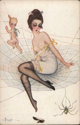 Adolfo Busi Topless Woman Seated On Spiderweb Risque/nude Postcard Vintage