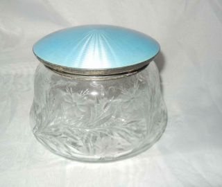 Antique Floral Cut Glass Guilloche Enamel & Sterling Lid Dresser Powder Box Jar