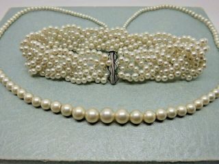 Vintage Faux Pearl Necklace & Plaited Bracelet 9ct Gold Clasp & Silver Clasp