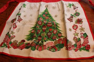 Vintage Christmas Tea Towel & Waist Apron Ornaments Trees Snowflakes