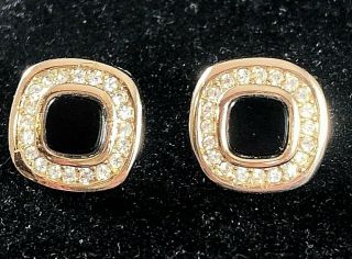 Vtg Christian Dior Black Center Crystal Pierced Post 1/2 " Earrings Signed Gold