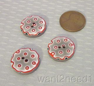 Auth 60s Vtg Lea Stein Button Set 3 Red Gray Strawberry Dot Pattern 18mm