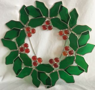 Vintage Stained Glass Christmas Holly Wreath,  13 "