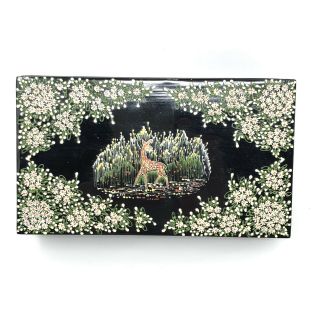 Vintage Lacquered Wood Hand Painted Deer Flowers Floral Trinket Box Thailand