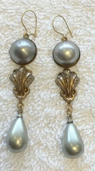 Vintage Gray Glass Base Faux Pearl & Brass Drop Earrings Only One Pair