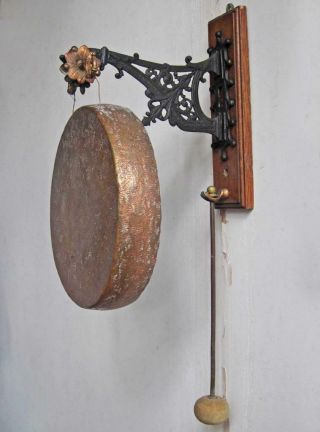 Fine Antique Arts & Crafts Dinner Gong Brass & Oak 1870 Dining Room