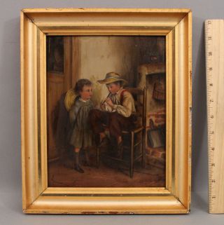 Small 19thc Antique Genre Interior Oil Painting Young Boy & Girl Flute Lesson