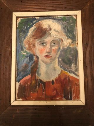 Antique Oil Painting Impressionist Portrait Young Lady Girl C.  1910 On Board.
