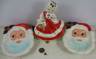 3 Vintage Christmas Porcelain Santa Nuts Tray Mrs Clause Kreiss Japan