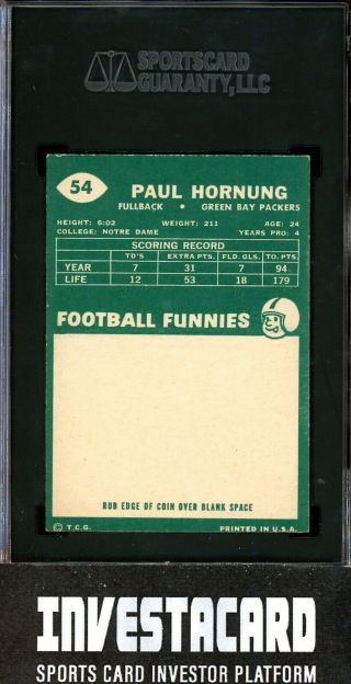 1960 Topps Paul Hornung 54 Vintage Football Card Green Bay Packers SGC 5 HOF 2